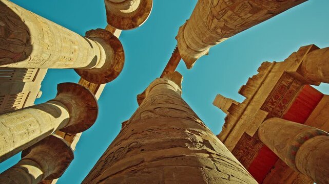 Radial Upward View of Carved Columns and Painted Ceiling at Karnak Temple