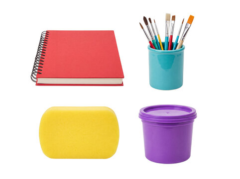 Essential school and art supplies: red spiral notebook, paintbrushes, yellow sponge, purple container.