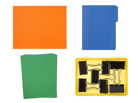 Office and school supplies in a practical flat lay arrangement, featuring paper, a file folder, and binder clips.