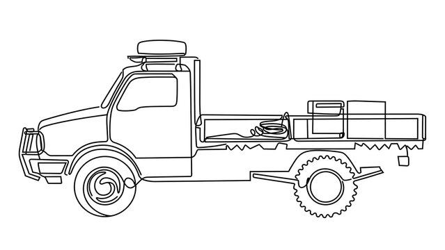 Flatbed truck line drawing on white background.