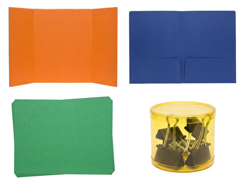 Vibrant flat lay collage of common school and office supplies, including a tri-fold board, folder, paper.