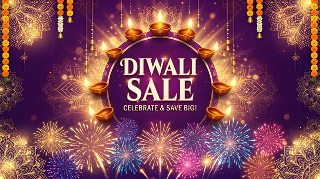 Diwali sale banner with traditional oil lamps and colorful fireworks on a purple background, festive celebration concept