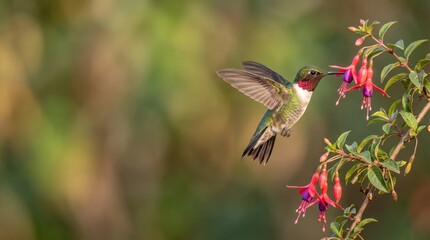Naklejka premium Hummingbird feeding on pink flowers in the garden