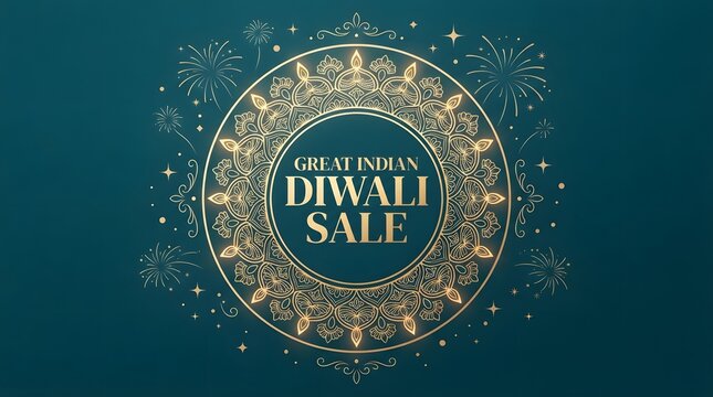 Great indian diwali sale banner with golden mandala and diya pattern on a dark teal background