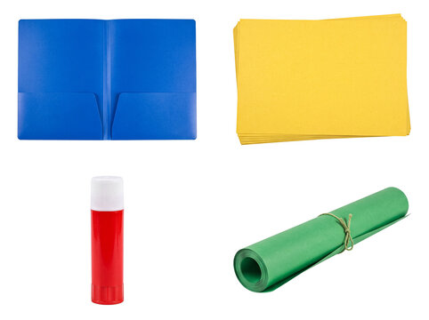 Collection of vibrant school and office supplies, featuring a blue folder, yellow paper, glue stick, and paper roll.