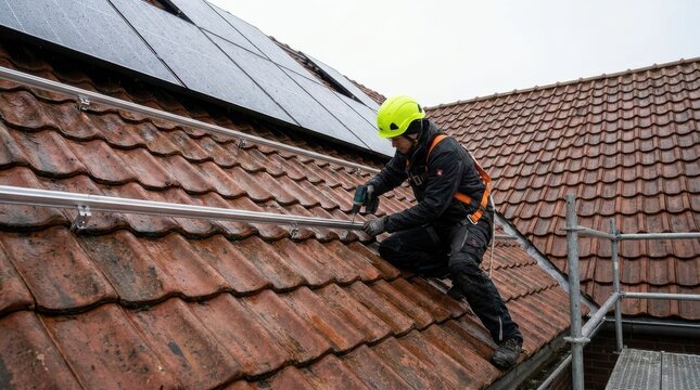 Skilled electrician worker secures metal framing on tiled residential roof during solar energy system assembly.