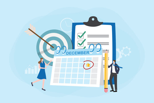 Year End Review and Business Goal Achievement Concept with December Calendar Checklist Clipboard Target Bullseye and People Planning in Flat Style