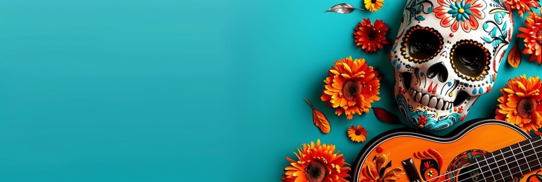 Day of the Dead horizontal banner with painted Mexican sugar skull and orange marigold flowers on turquoise background