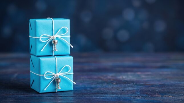 Stacked blue gift boxes with silver kiddush cup pendants for shabbat or jewish holiday.
