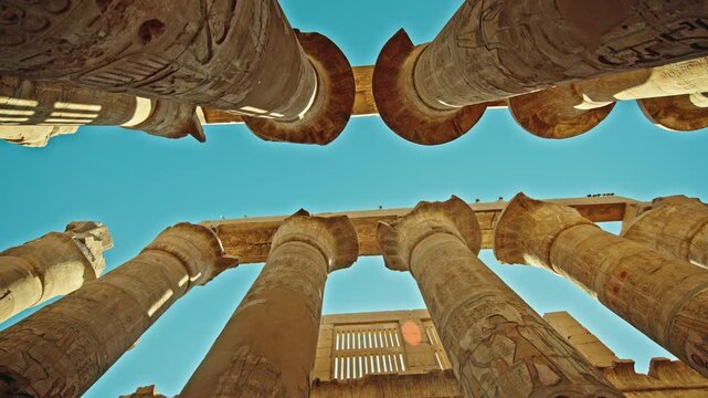 Low Angle View of Carved Columns in Karnak Temple, Luxor