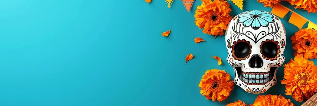 Day of the Dead horizontal banner with painted Mexican sugar skull and orange marigold flowers on turquoise background