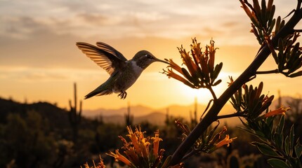 Naklejka premium Hummingbird flying near a flower at sunset