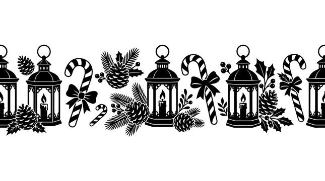 Christmas border featuring candle lanterns, candy canes, pinecones, and evergreen branches.