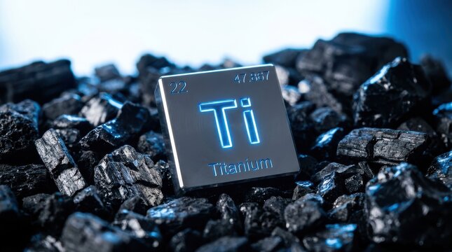 Titanium element symbol Ti glowing blue on a bed of black coal for energy and industry concept.