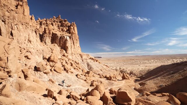 Woman and Dog on Hiking Trail in Desert of Utah USA, Sandstone Rock Formations in Goblin Valley State Park