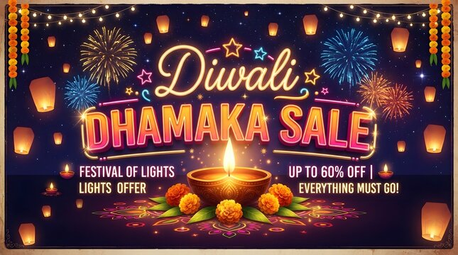 Diwali dhamaka sale banner with glowing diya lamp, fireworks, and hanging lanterns on a dark blue background