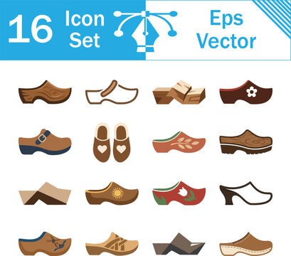 Set of 16 colorful vector icons featuring wooden clogs and traditional footwear