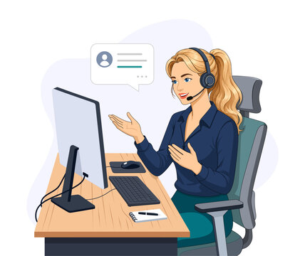 Female customer service representative with headset working on computer at her office desk