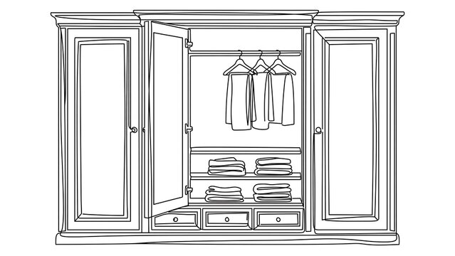 Elegant wardrobe with open doors white background.
