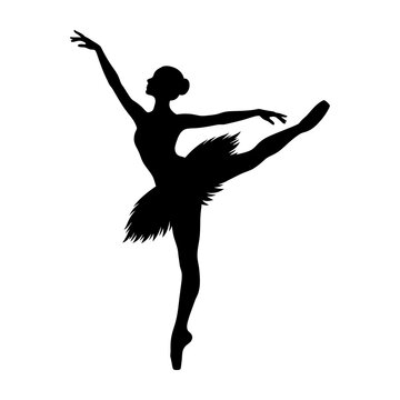 Elegant ballerina silhouette performing arabesque pose in tutu on white background