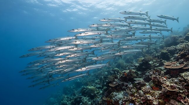School of barracuda fish swimming over a coral reef in blue ocean
