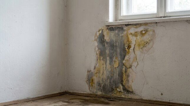 Water damaged wall with mold and peeling paint near window showing moisture issue and need for renovation.