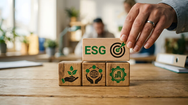 Hand placing block on stack emphasizing sustainability goals