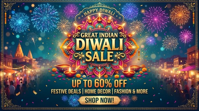 Great indian diwali sale banner with up to 60 percent off, featuring traditional lamps, fireworks, and a festive market scene