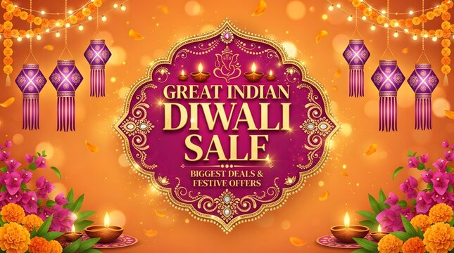 Great indian diwali sale banner with ganesha symbol, traditional lanterns, marigold flowers, and diya lamps