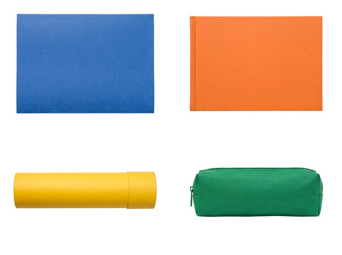 Overhead view of colorful office and school supplies: a blue folder, orange book, yellow tube, and green pencil case.