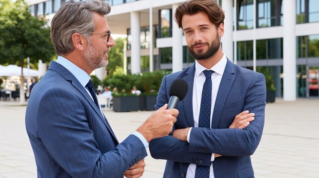 A journalist interviews a man in a suit outside a modern office building.
