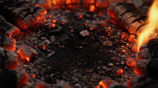 Looping texture dark grunge overlay low framerate stop motion concept. Close up of glowing hot embers and fire with burnt wood and ash in a campfire setting