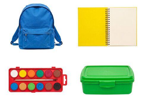Collection of essential and vibrant school supplies including a blue backpack, open notebook, and art paints.