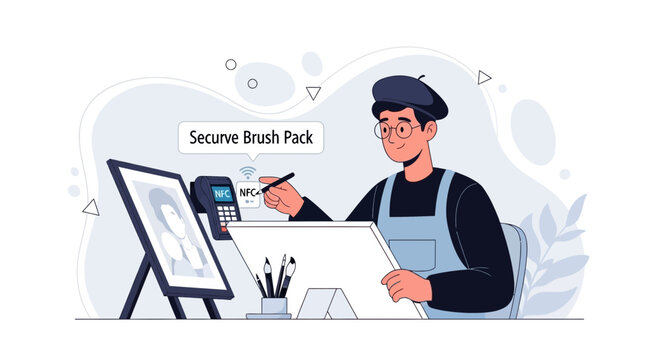 Artist purchases digital art tools and software with secure contactless payment, celebrating creativity and modern technology