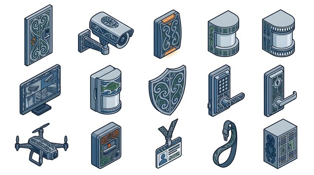 Isometric security system elements collection with ornate tribal carvings