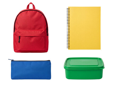 Vibrant collection of back-to-school essentials, including a red backpack, yellow notebook, and lunch box.