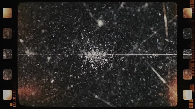 Looping texture dark grunge overlay low framerate stop motion concept. Vintage film strip background with scratches dust and light leaks for retro photography effects