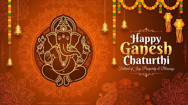 Vector Ganesh Chaturthi Banner with Line Art Ganesha and Text