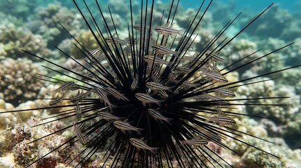 Obraz premium A large black long-spined sea urchin provides shelter and protection for a school of small fish swimming among its sharp venomous needles in the deep blue ocean
