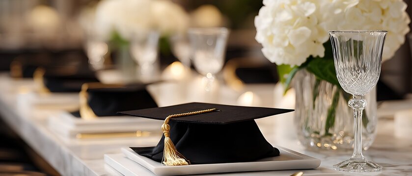 Elegant graduation dinner table setting with black mortarboard caps, white hydrangeas and luxury dinnerware on marble.