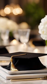 Elegant graduation dinner table setting with black mortarboard caps, white hydrangeas and luxury dinnerware on marble.