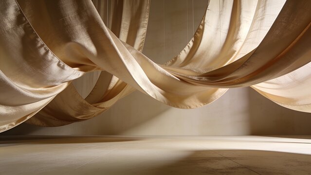 Elegant Beige Silk Fabric Waves Hanging in Minimalist Studio Background