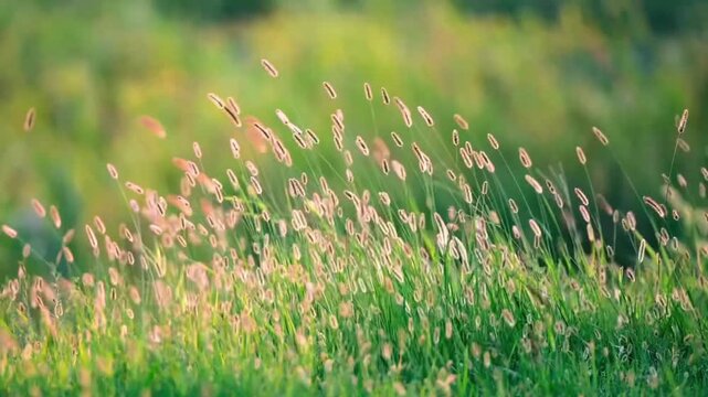 Close-up view of delicate foxtail grass seed heads swaying gently in a green meadow, with soft natural light and a beautiful blurred background. Peaceful nature footage suitable for environmental, bot