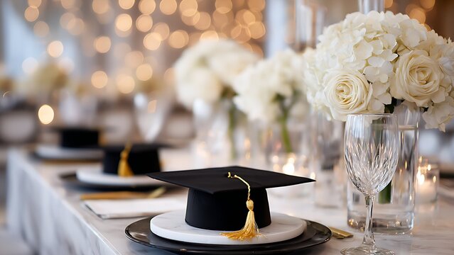 Elegant graduation dinner table setting with black mortarboard caps, white hydrangeas and luxury dinnerware on marble.