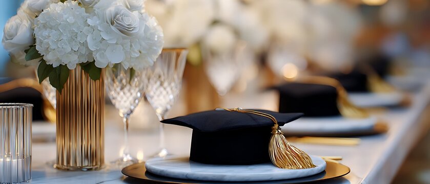 Elegant graduation dinner table setting with black mortarboard caps, white hydrangeas and luxury dinnerware on marble.