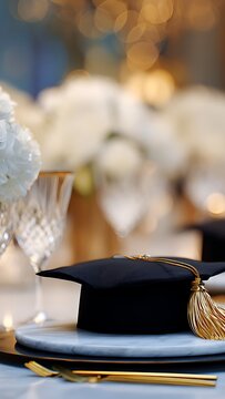 Elegant graduation dinner table setting with black mortarboard caps, white hydrangeas and luxury dinnerware on marble.