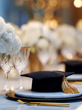 Elegant graduation dinner table setting with black mortarboard caps, white hydrangeas and luxury dinnerware on marble.