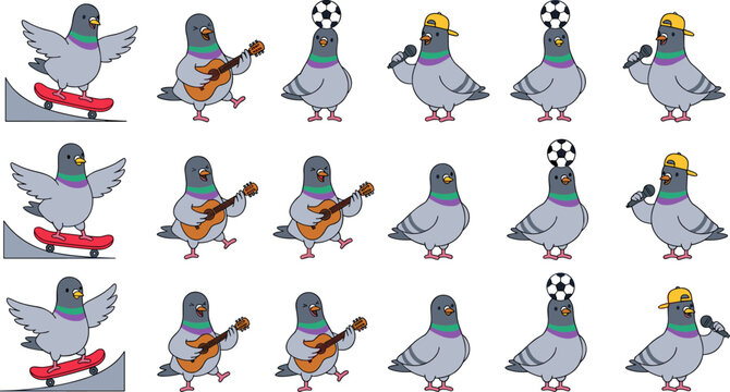 Funny Pigeon Character Activity Icon Set Featuring Cartoon Bird Riding Skateboard, Playing Guitar, Balancing Soccer Ball, and Singing with Microphone Vector Graphics
