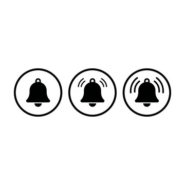 Black notification bell icons set with sound waves. Notification alert symbol for website and mobile app interface design.