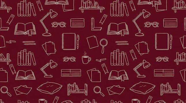 A seamless pattern of illustrated books, lamps, glasses, and other study-related items on a dark red background.